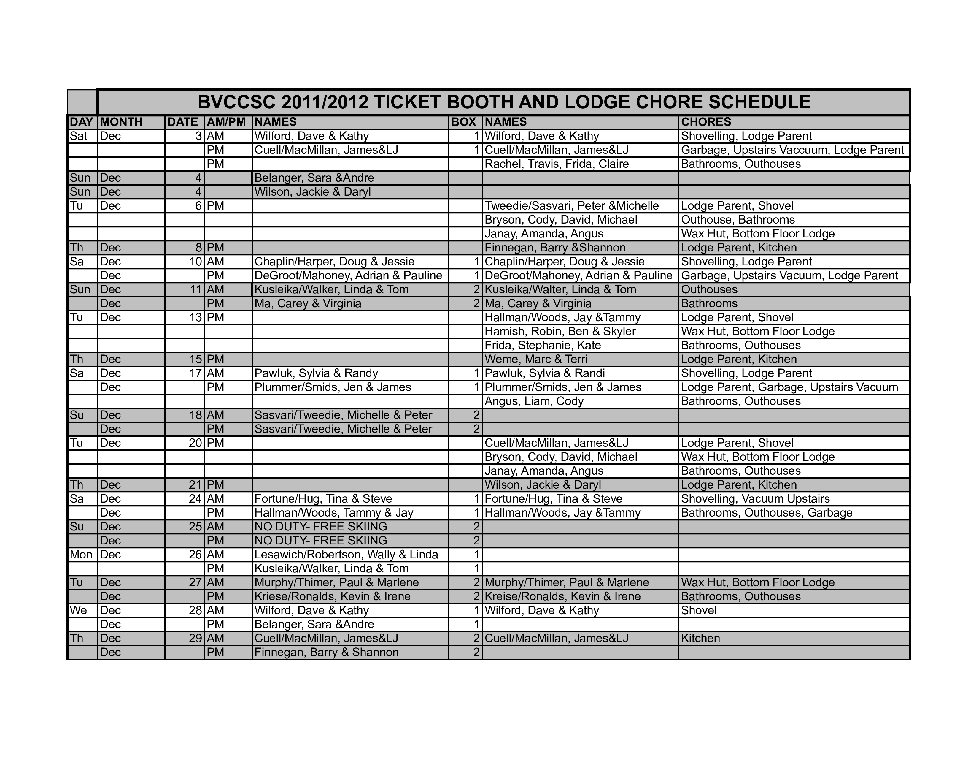 ticket booth and chore schedule template