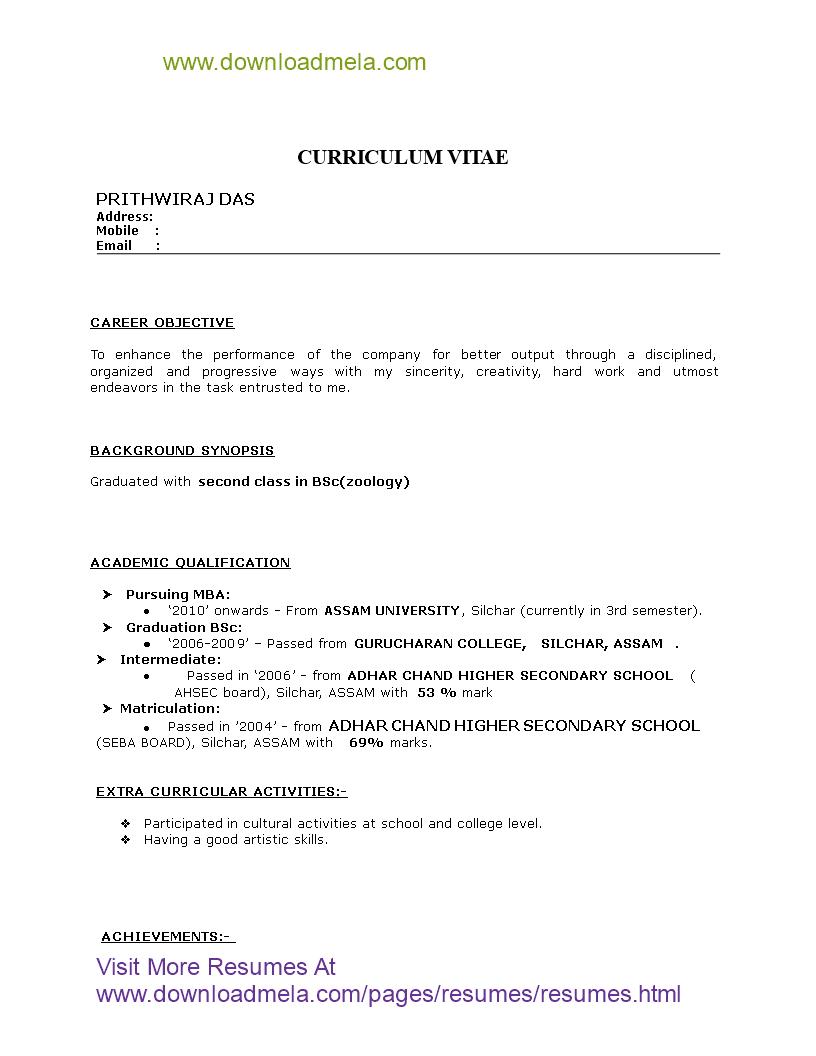 mba hr fresher resume format template