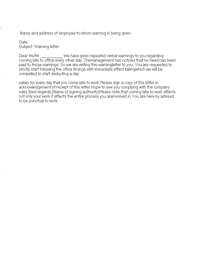staff late warning letter template