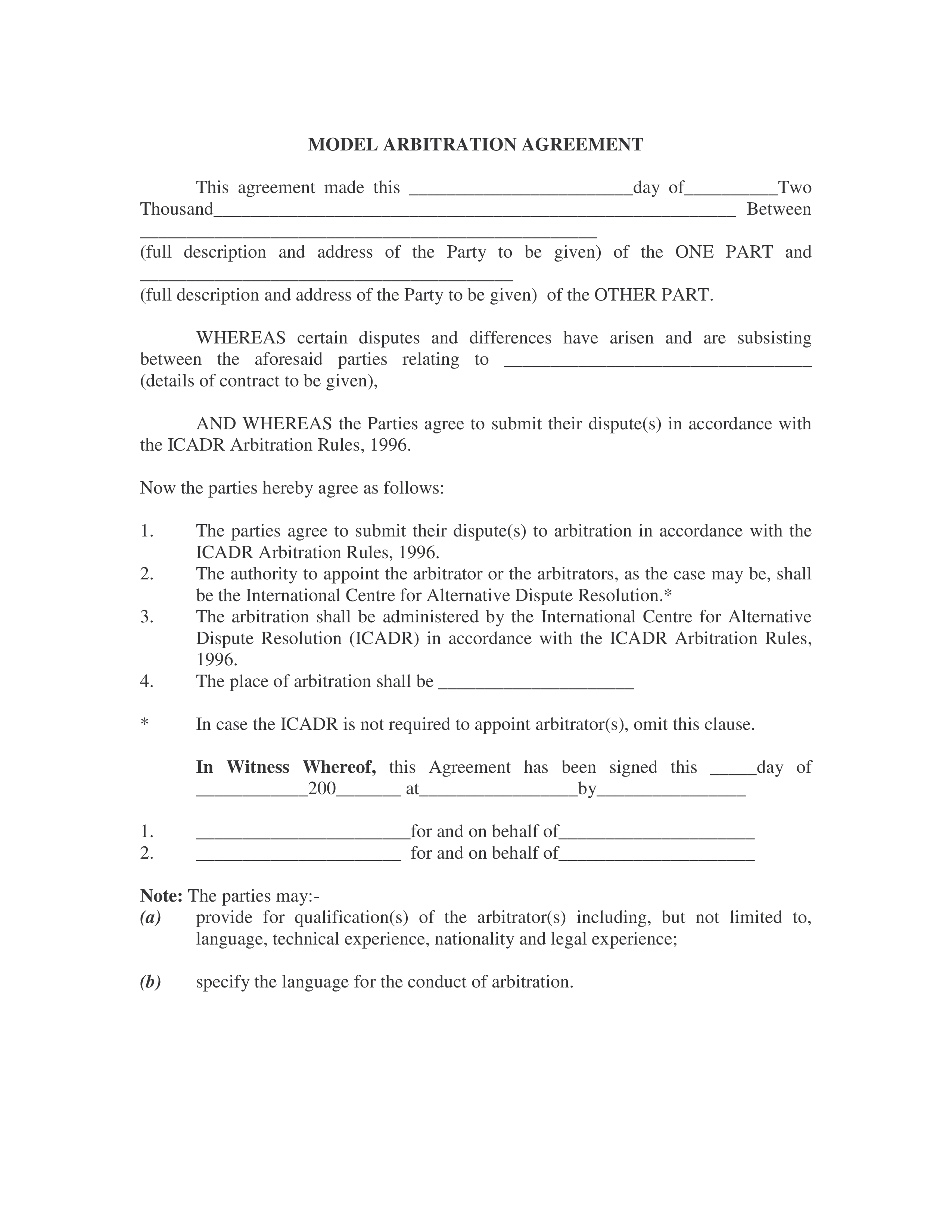 model arbitration agreements template