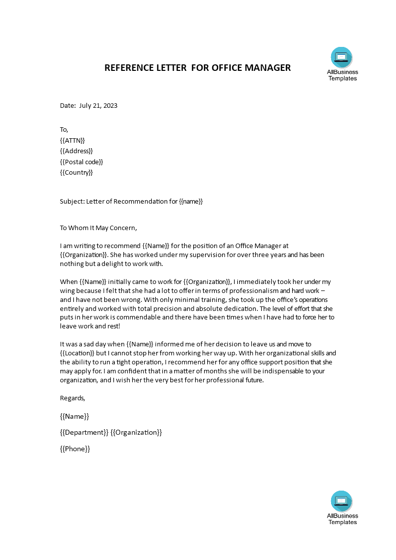 office manager reference letter template