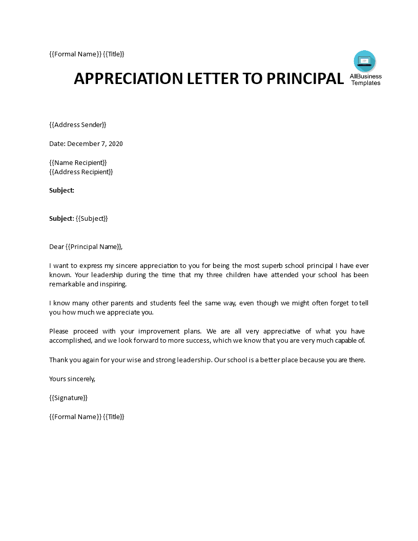 thank you letter to teacher from principal Hauptschablonenbild