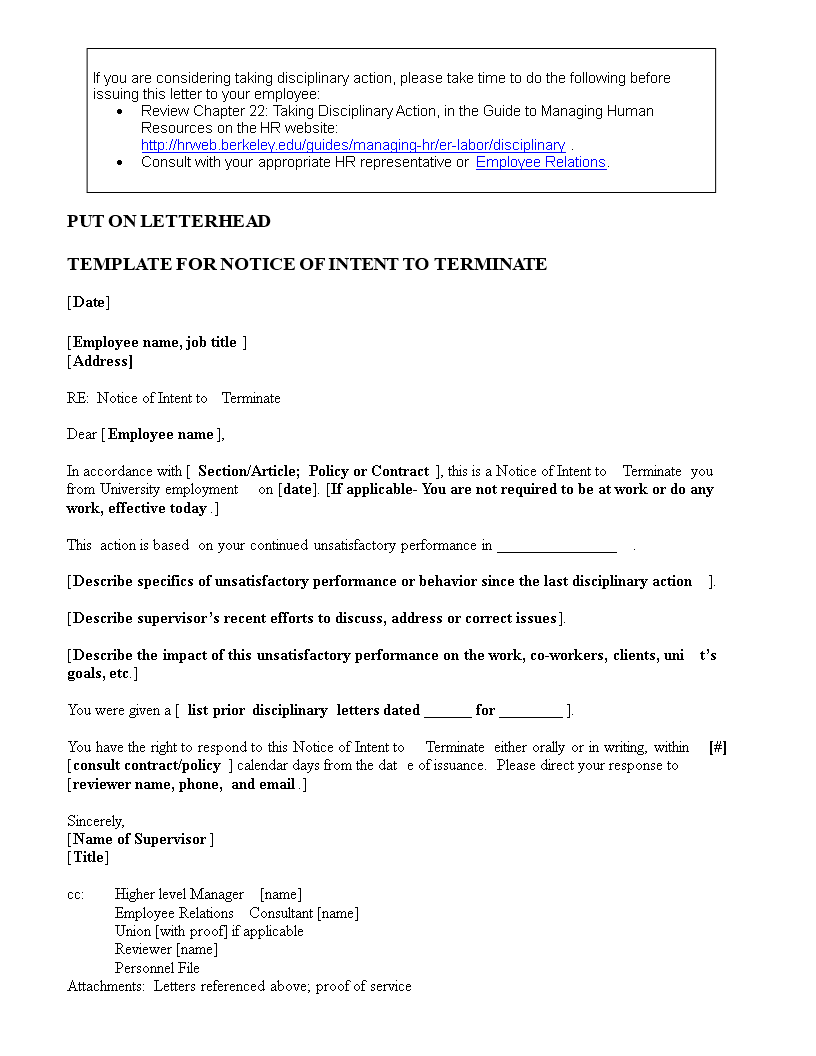 Example Letter of Notice Intent to Terminate 模板