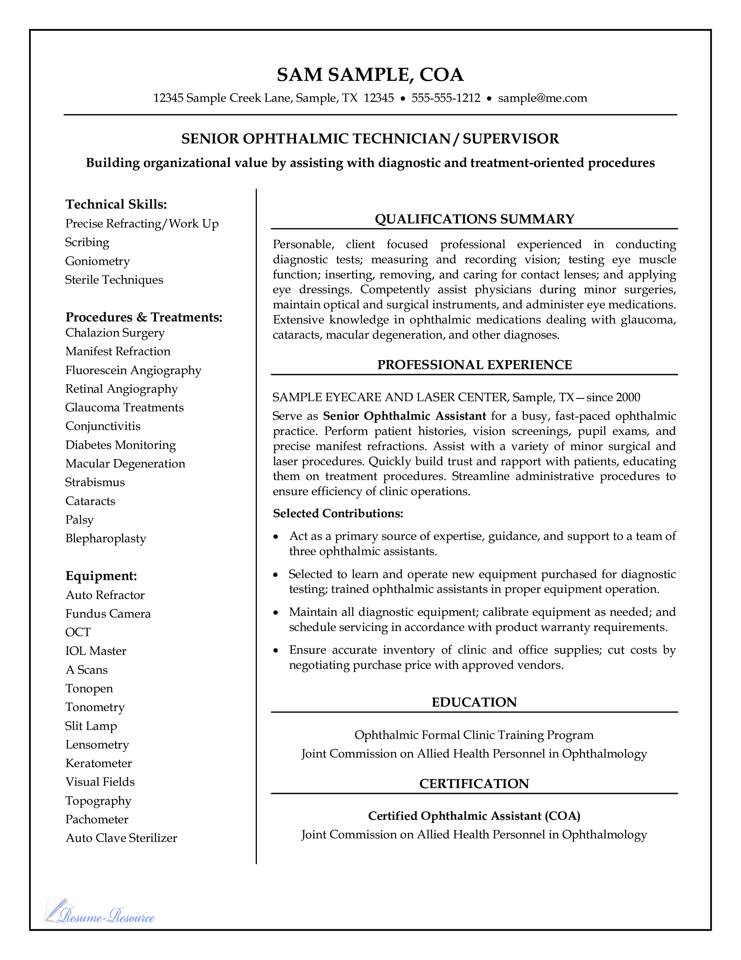 senior ophthalmic technician / supervisor resume template