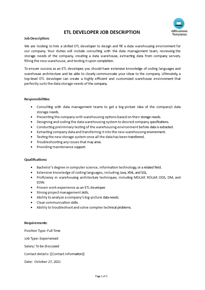 Etl Developer Job Description Templates At Allbusinesstemplates