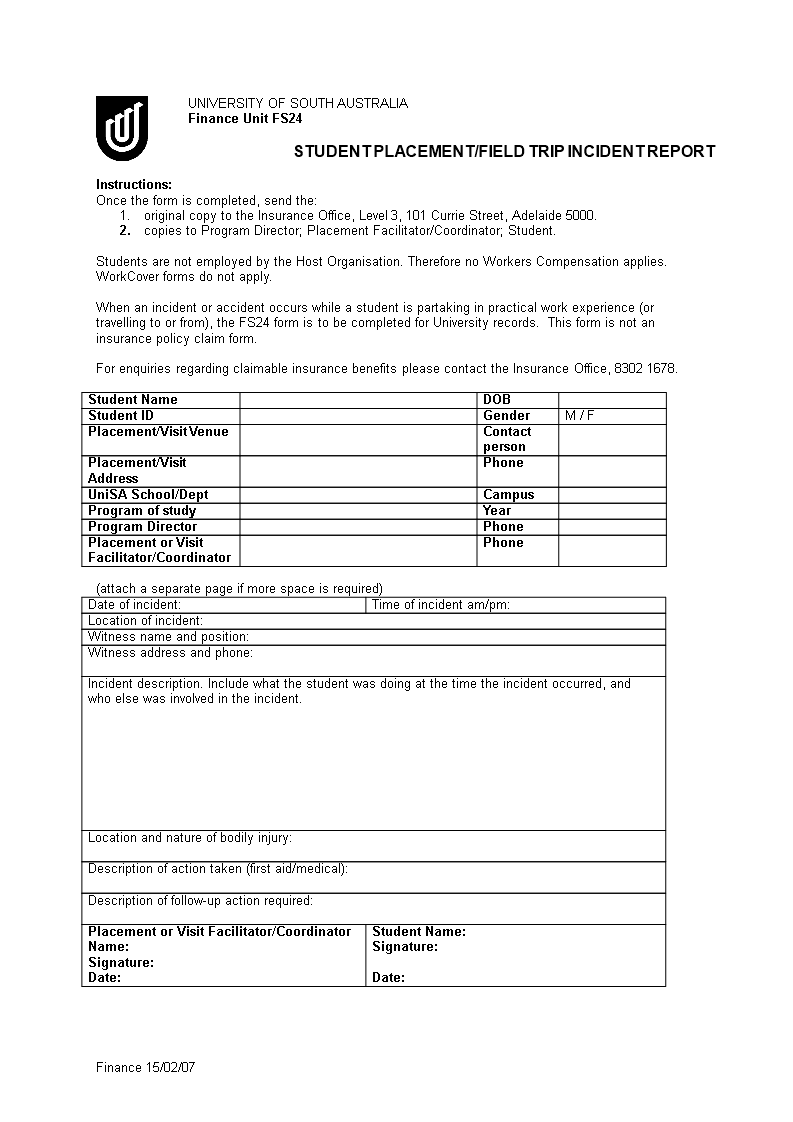 Kostenloses Student Placement Incident Report With Regard To First Aid Incident Report Form Template
