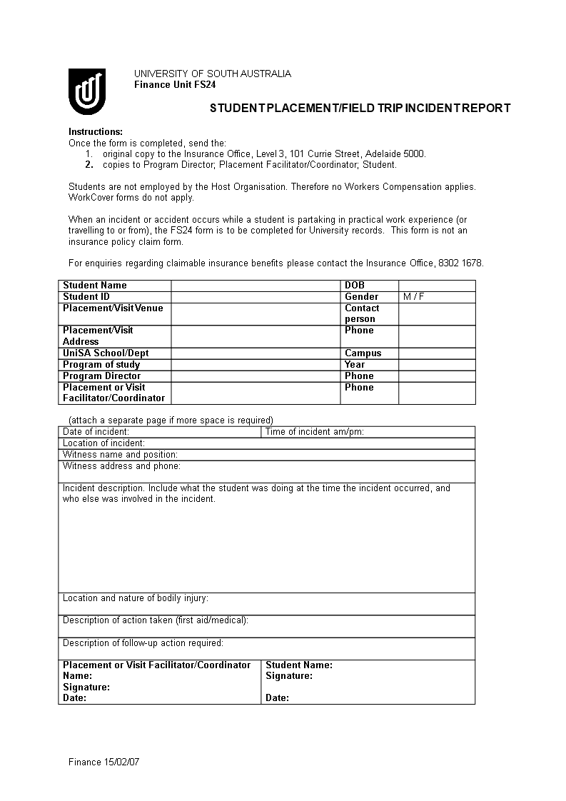 student placement incident report Hauptschablonenbild