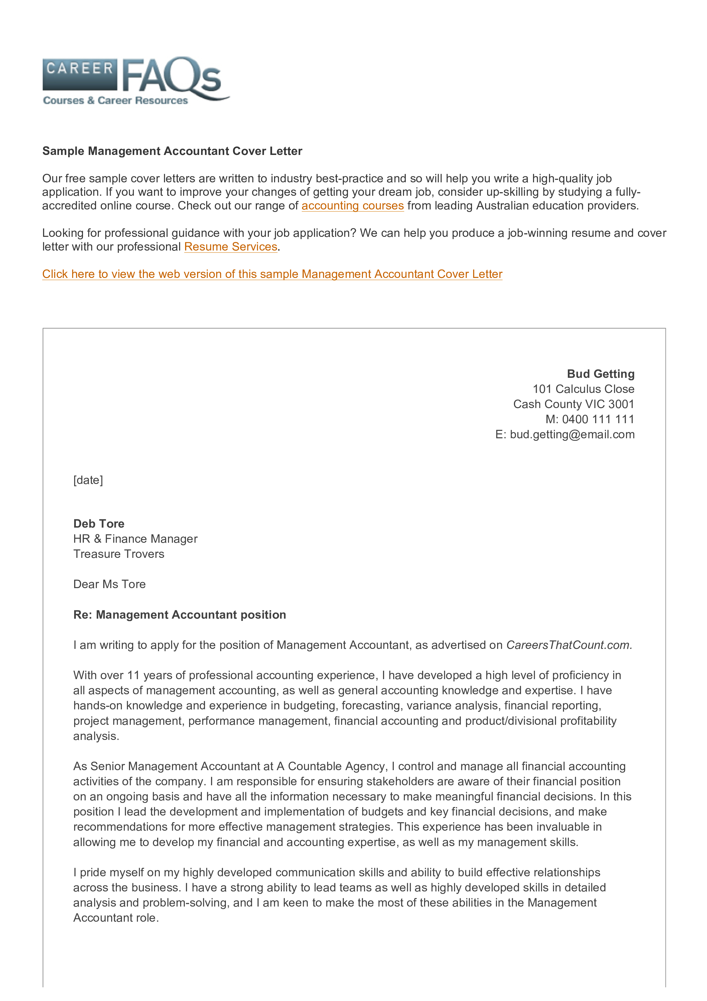 management accounting position cover letter template