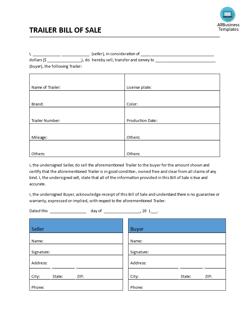 bill of sale template for trailer Hauptschablonenbild