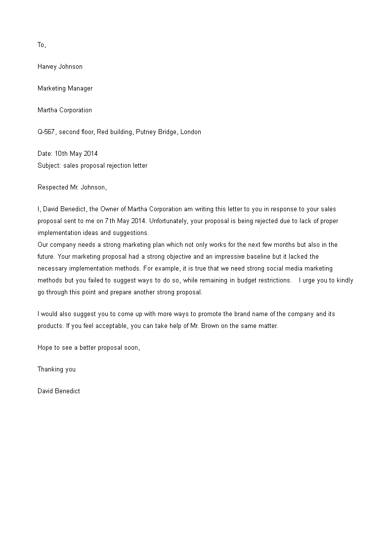 Sales Proposal Rejection Letter 模板