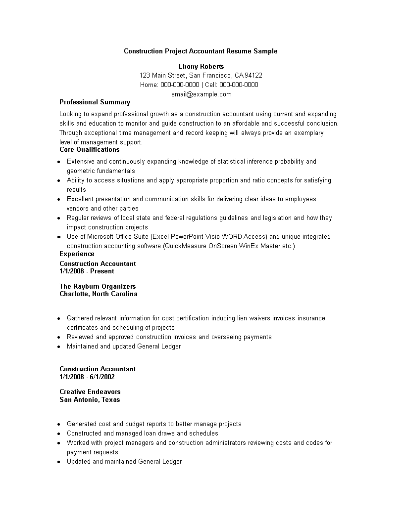 Construction Project Accountant Resume Sample main image