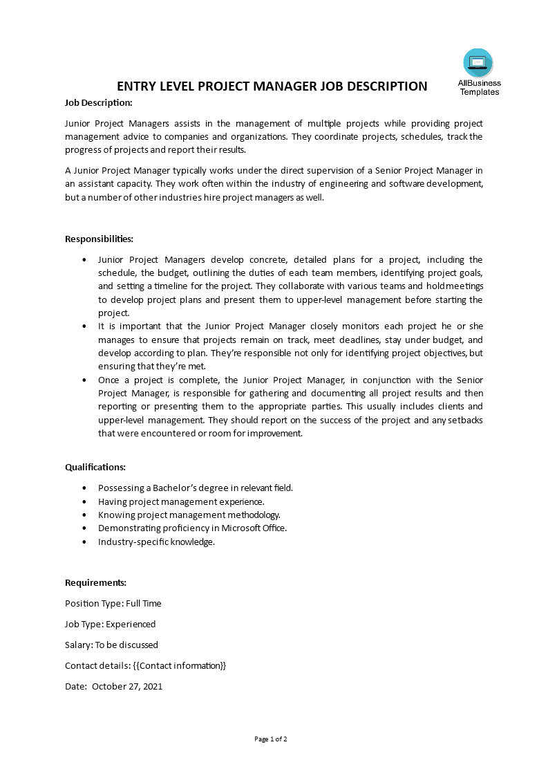 entry level project manager job description template