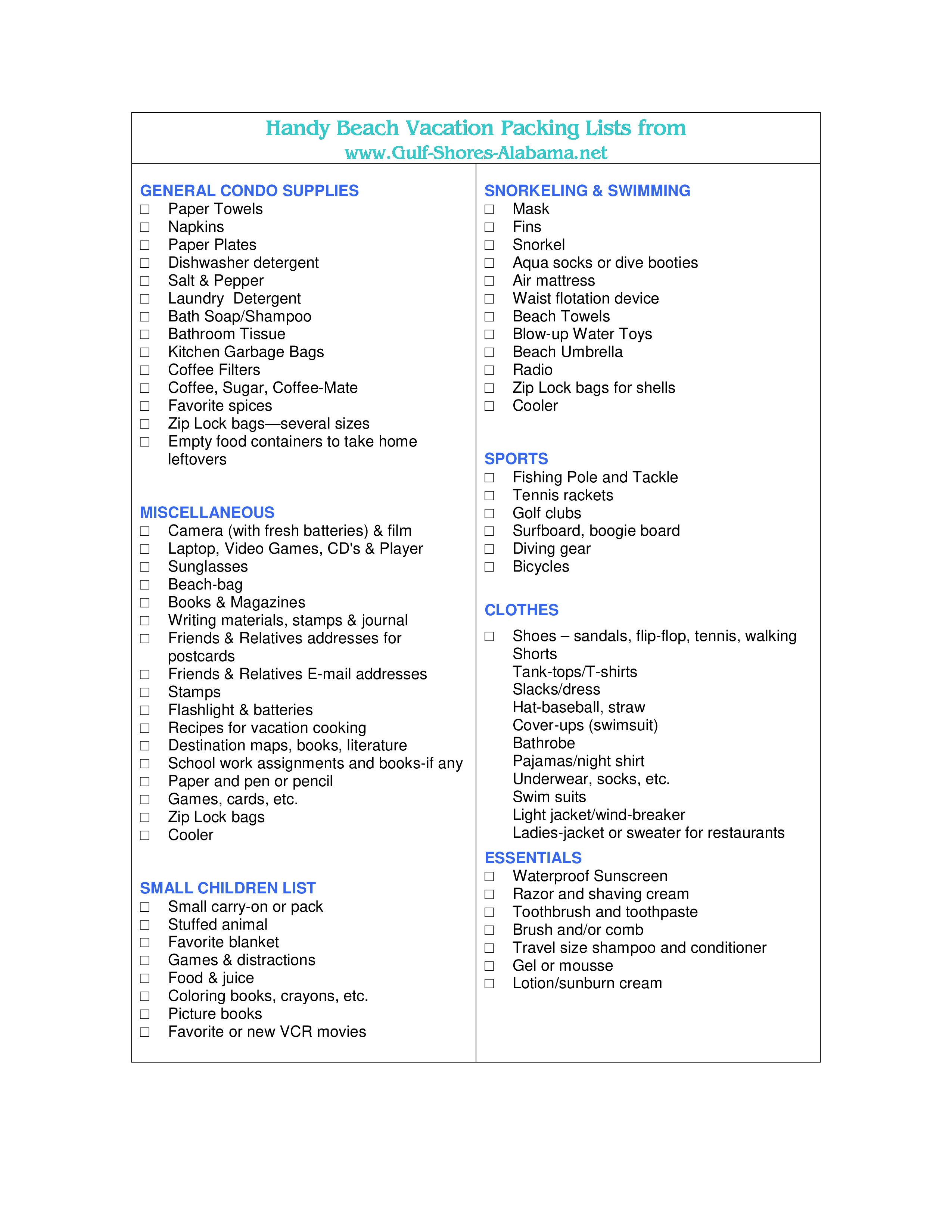 packing list for beach vacation template