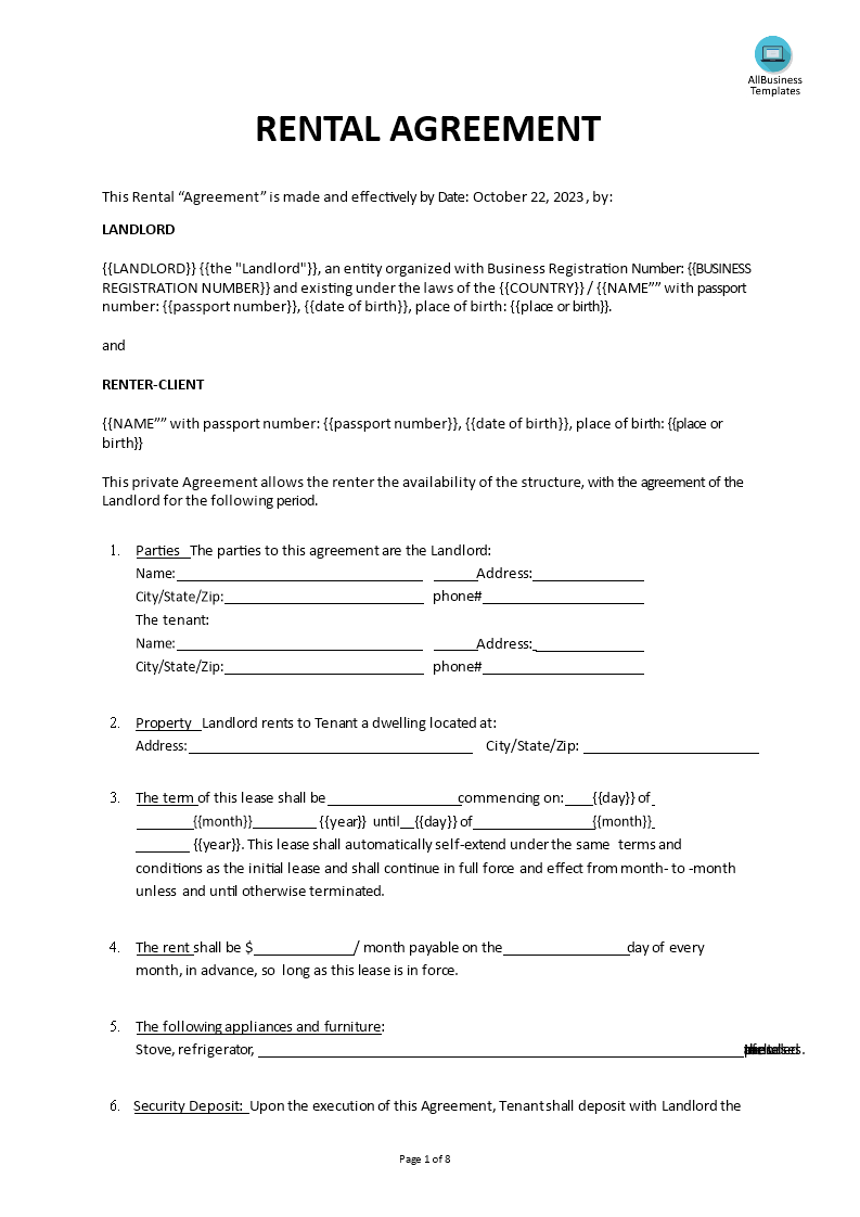 sample rental agreement in document template