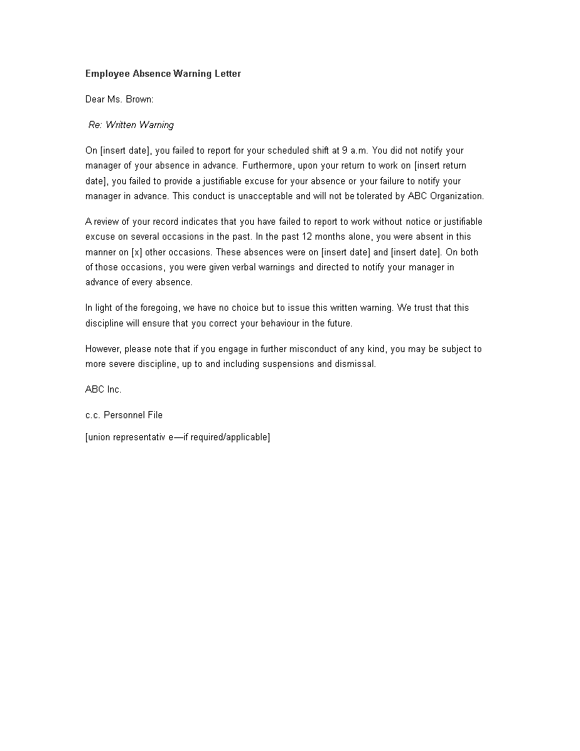 employee absence warning letter template