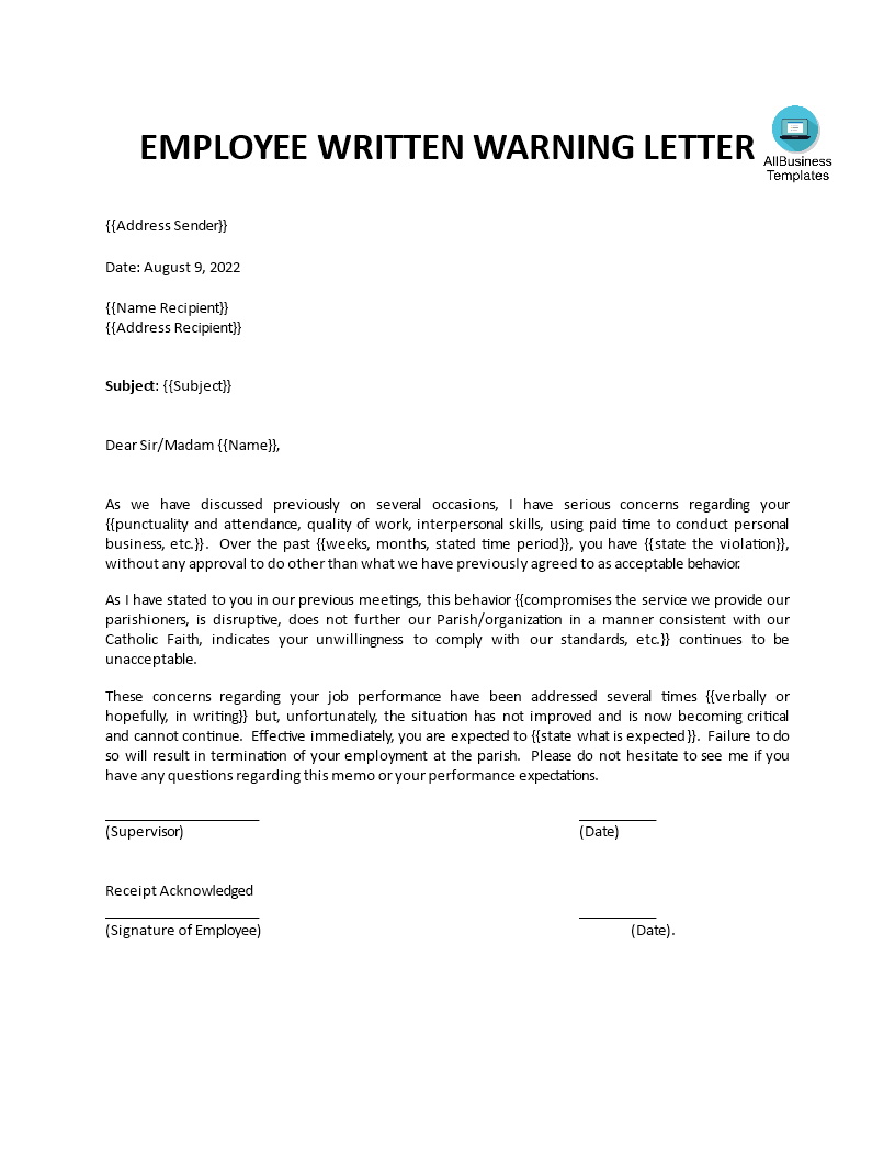 employee written warning letter template voorbeeld afbeelding 