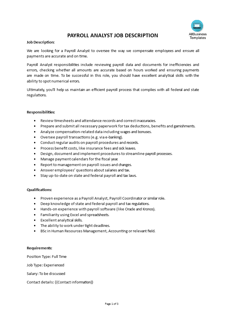 payroll analyst job description template