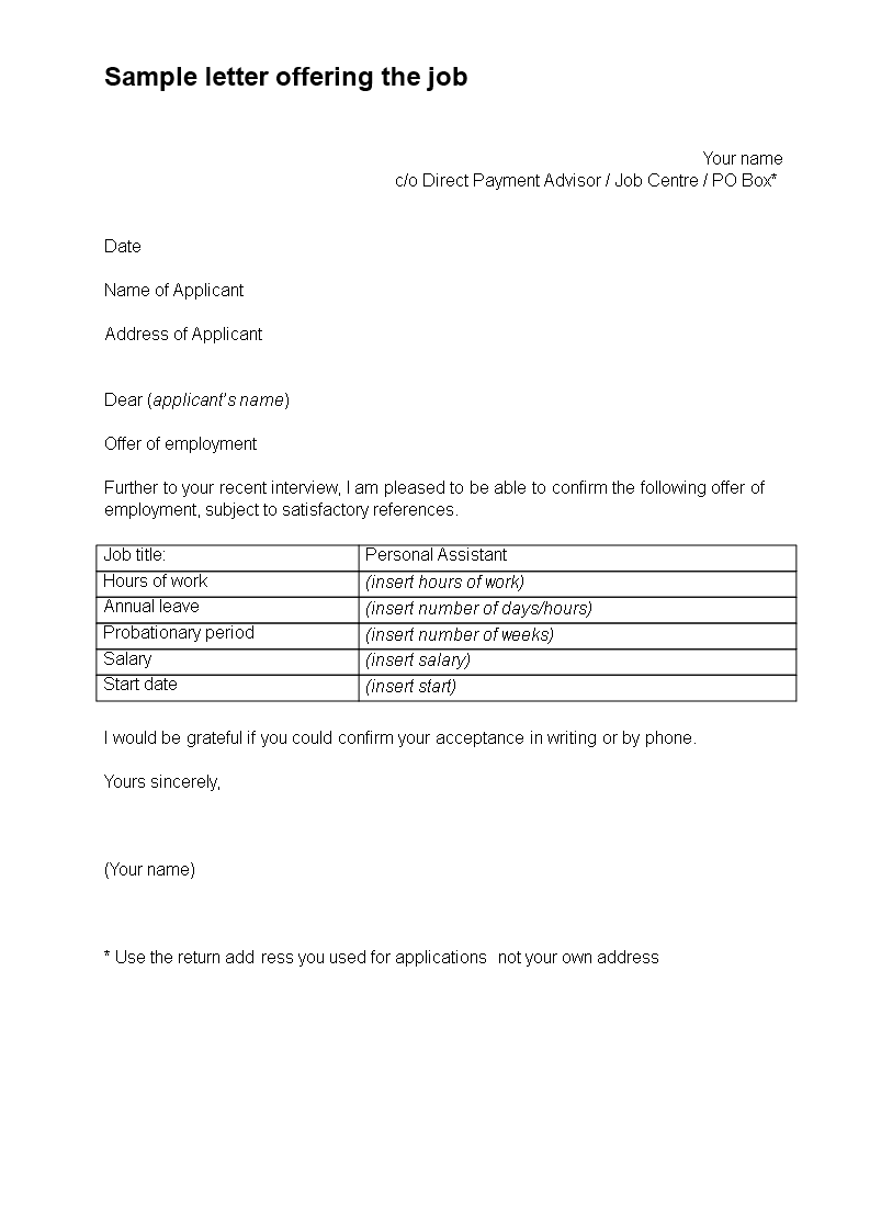 job offering letter template