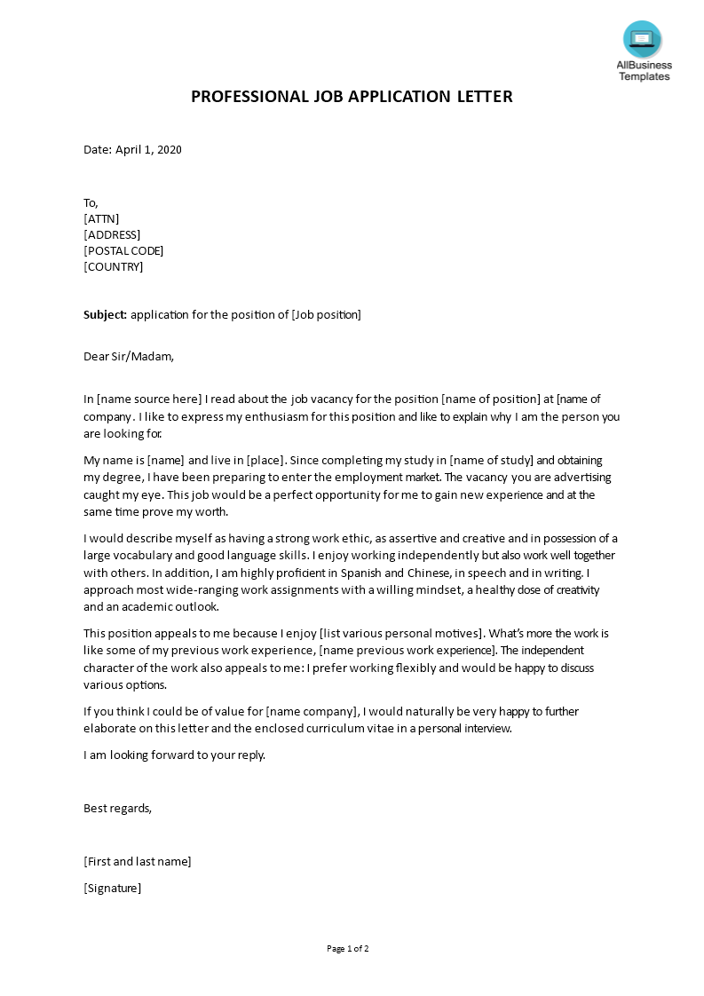 professional application letter template