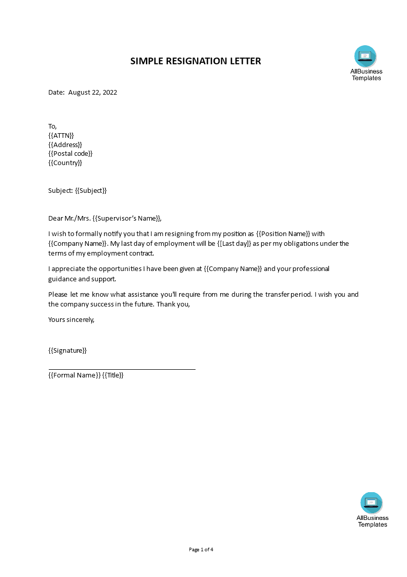 formal resignation letter senior administration officer Hauptschablonenbild