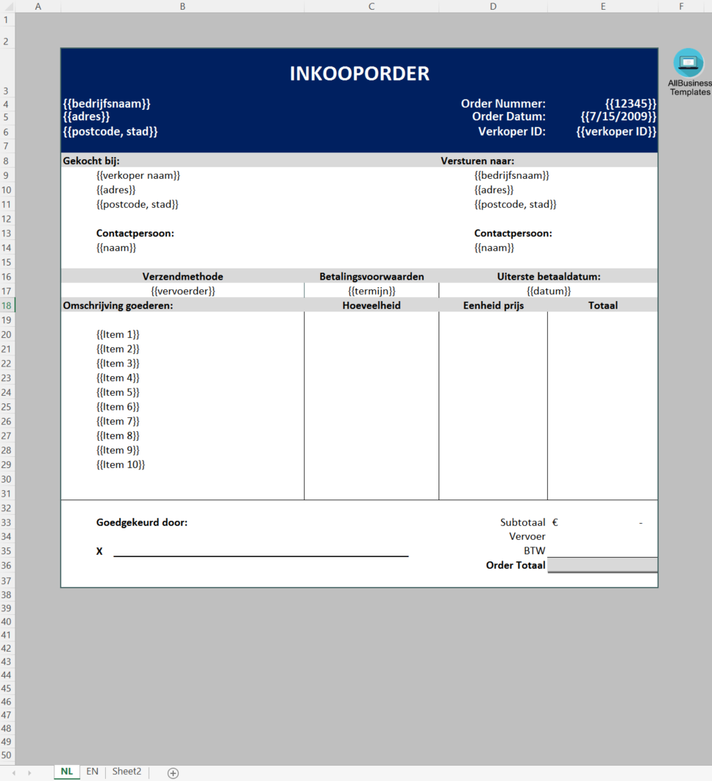 Inkoop Order Excel 模板