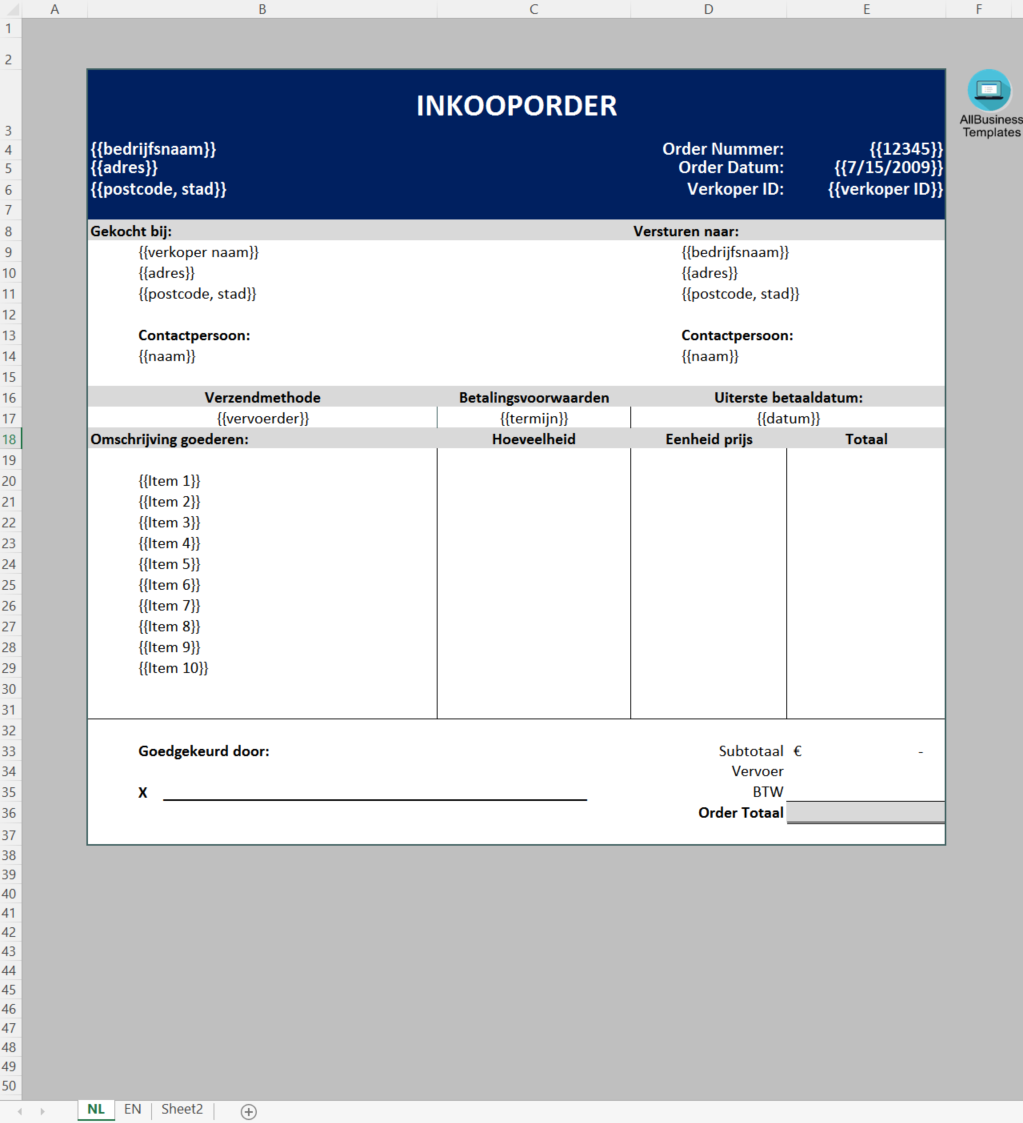 inkoop order excel template