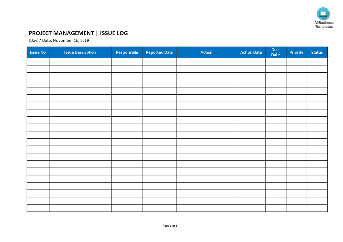 issue log template modèles