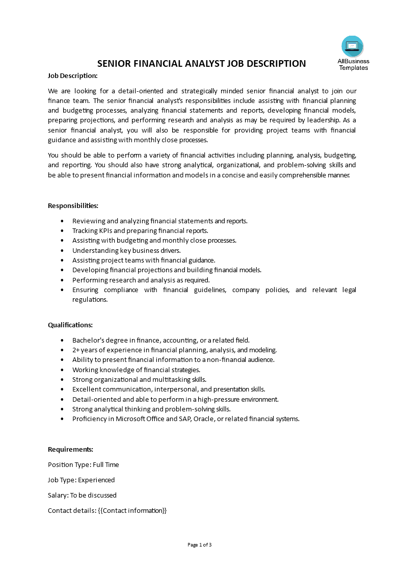 senior financial analyst job description template