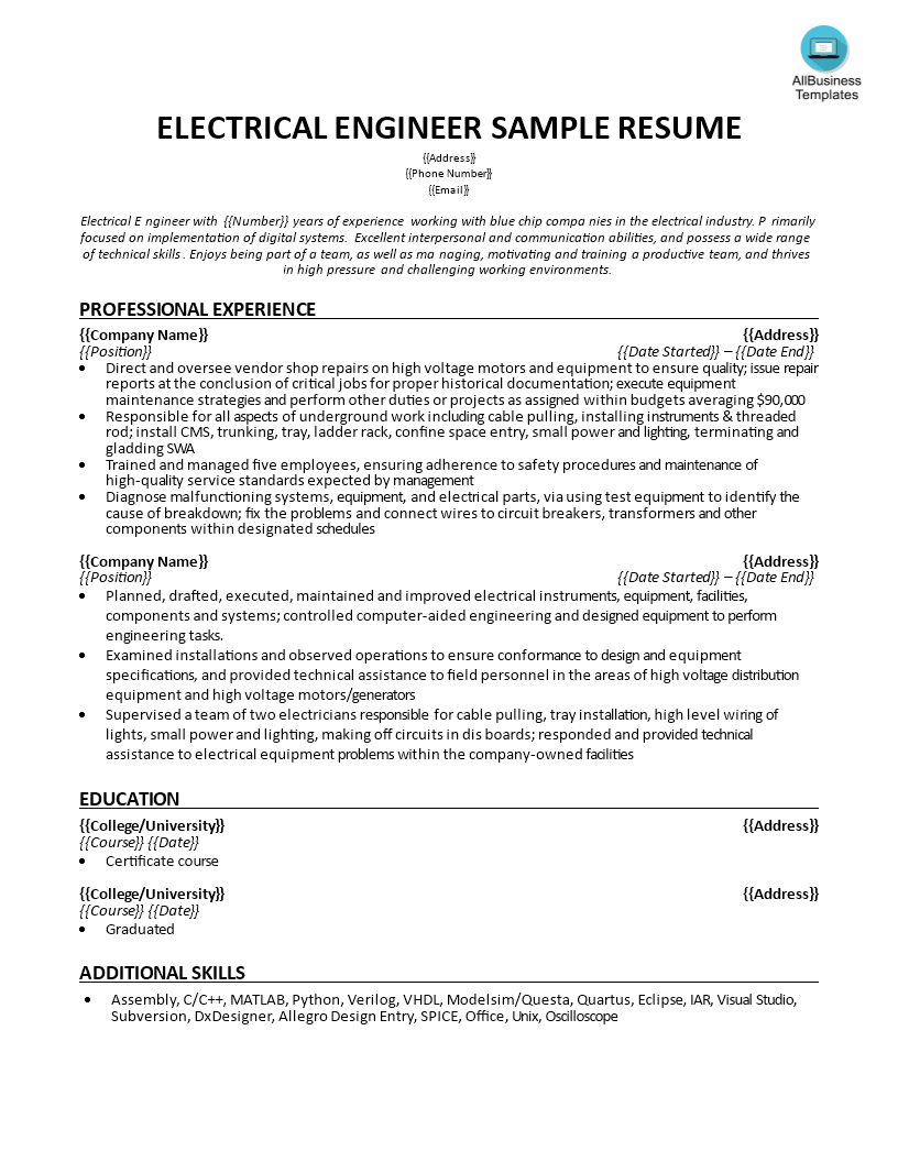 best resume format for electrical engineer Hauptschablonenbild
