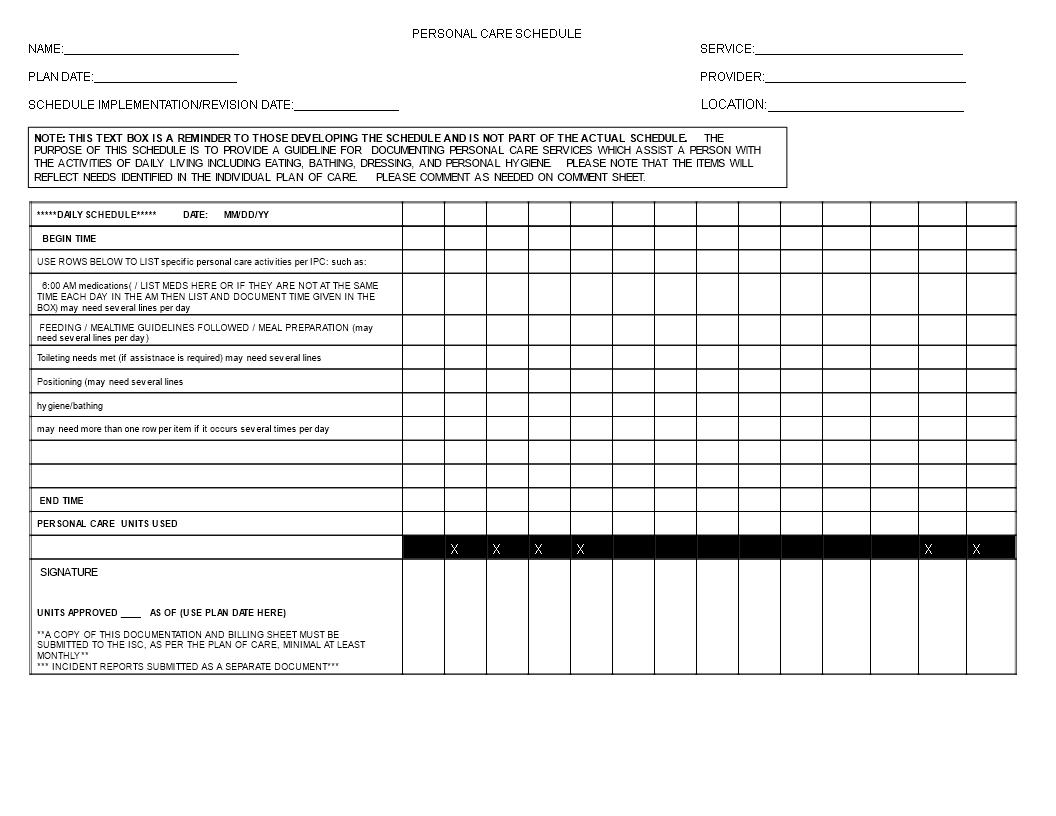 personal care schedule template