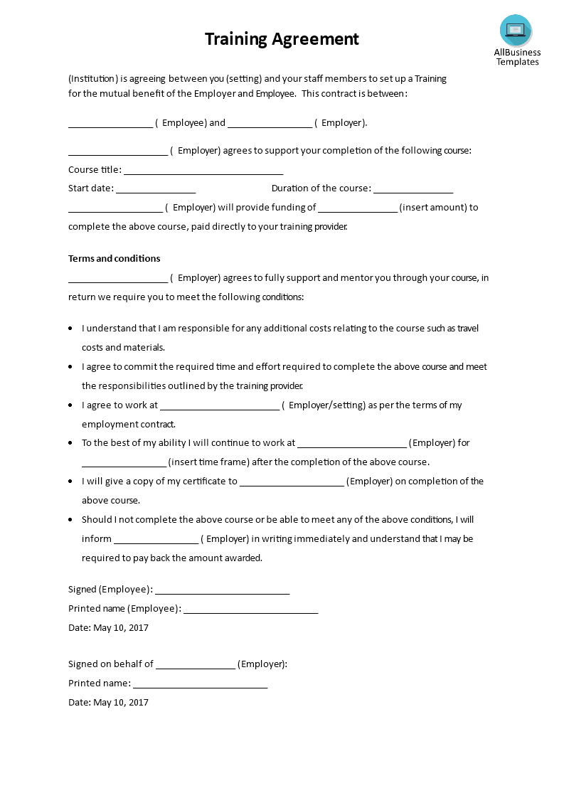 Kostenloses Training Agreement template With Regard To training agreement between employer and employee template