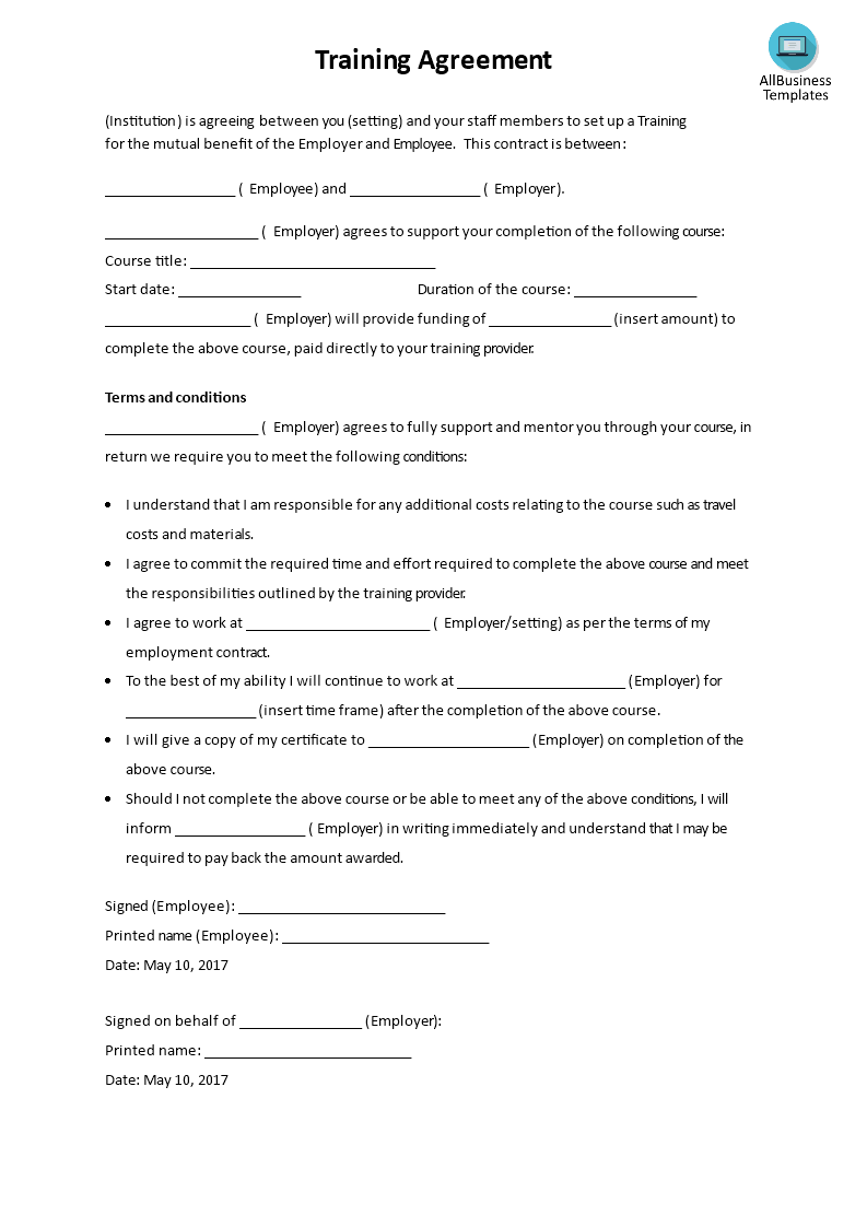 training agreement template template