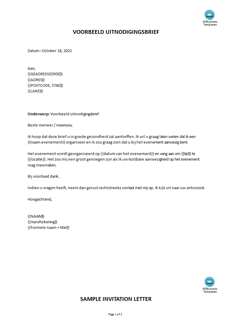 uitnodingsbrief voorbeeld template