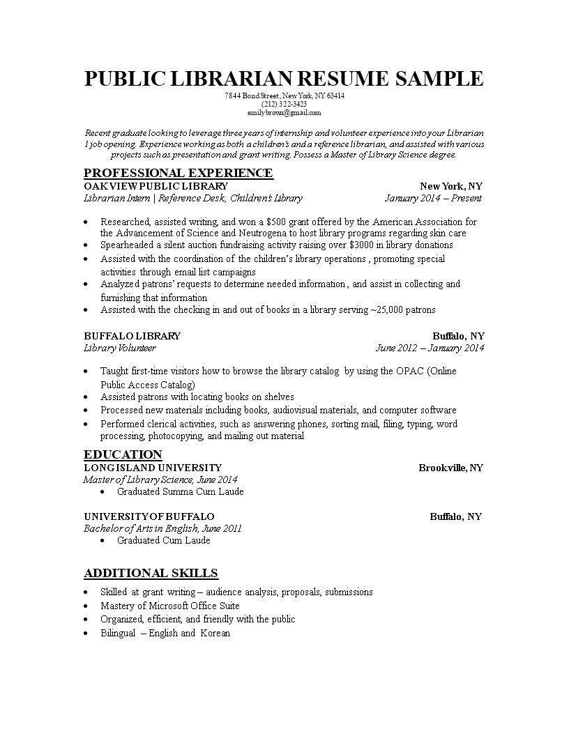 public librarian resume template
