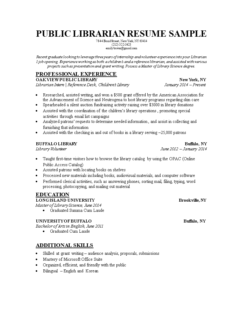 Public Librarian Resume 模板