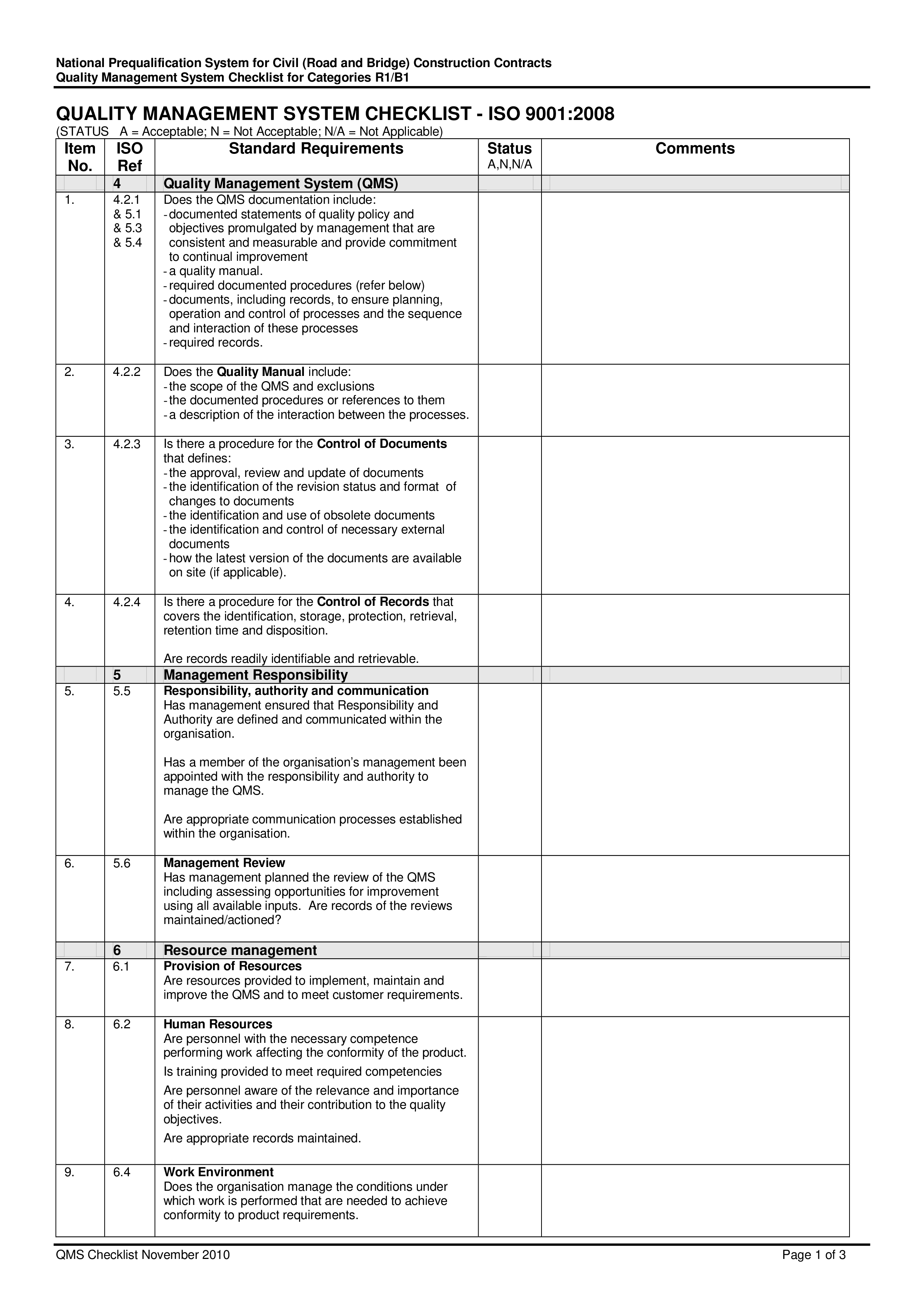 Quality Management System Checklist Sample 模板