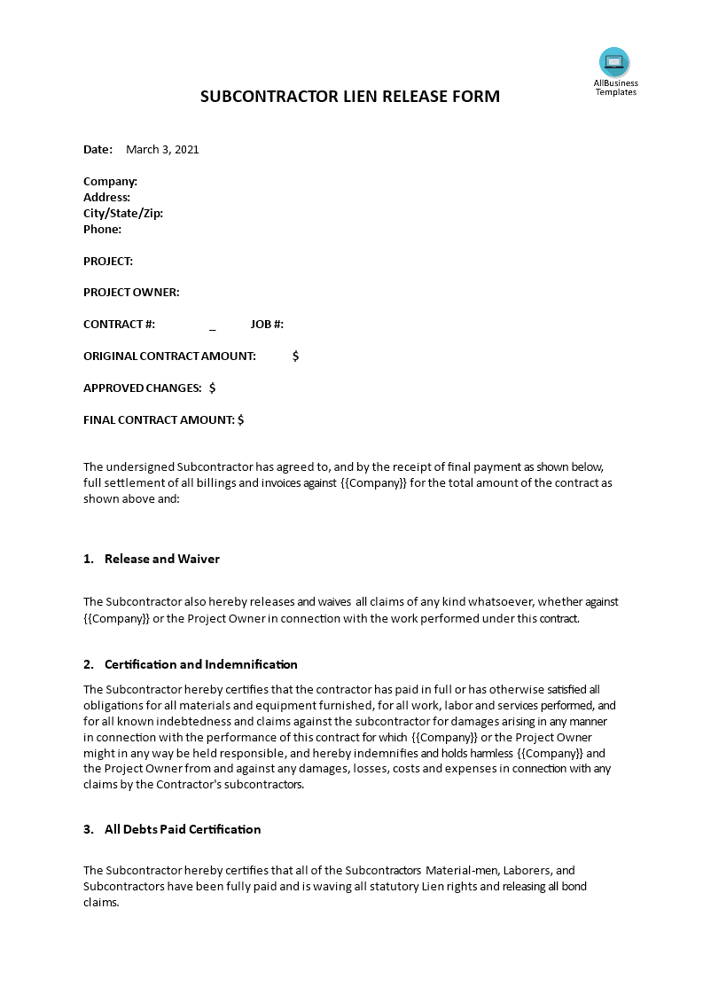 Subcontractor Lien Release Form 模板