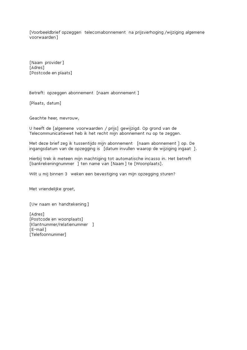 opzeggen telecomabonnement na prijsverhoging modèles