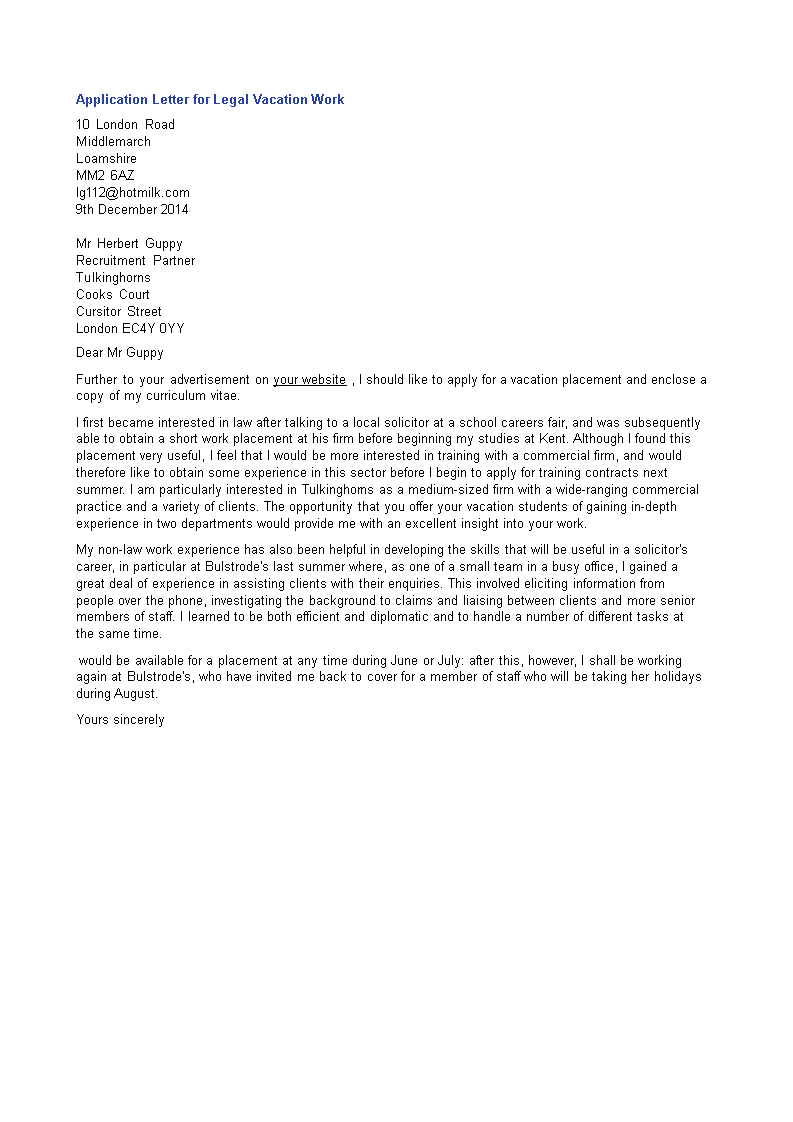 vacation work application letter template