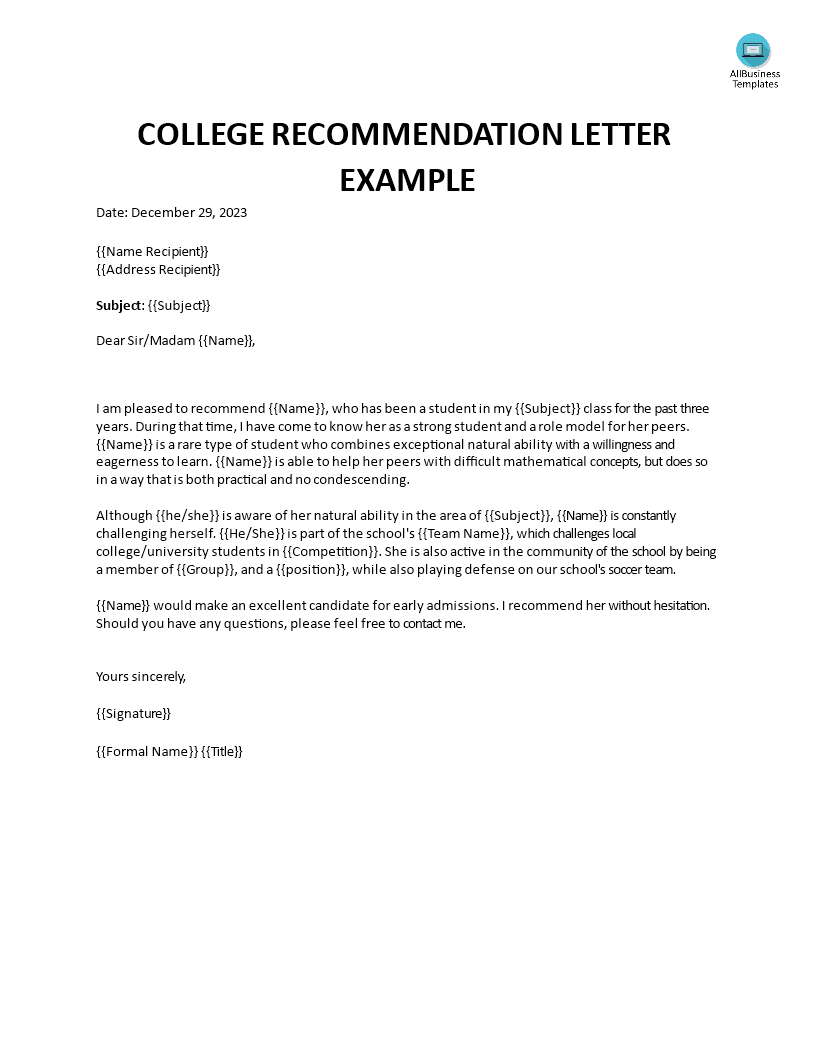 college recommendation letter template