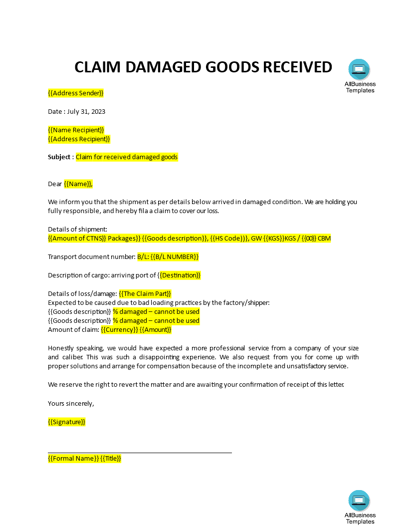 Claim letter for damaged goods 模板