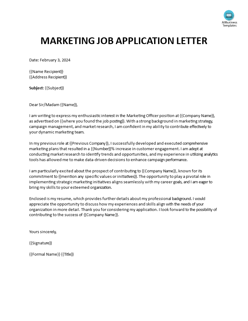 Marketing Officer Job Application Letter template 模板