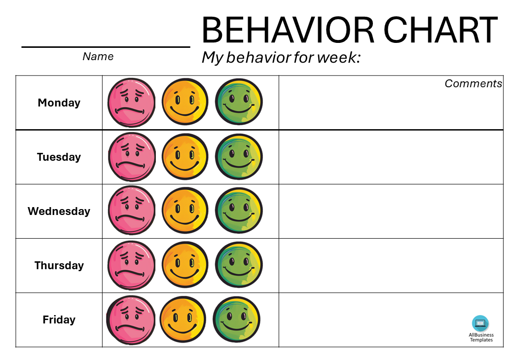 daily behavior chart template voorbeeld afbeelding 