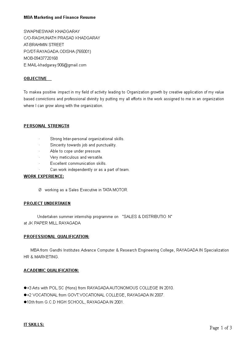 mba marketing and finance resume template