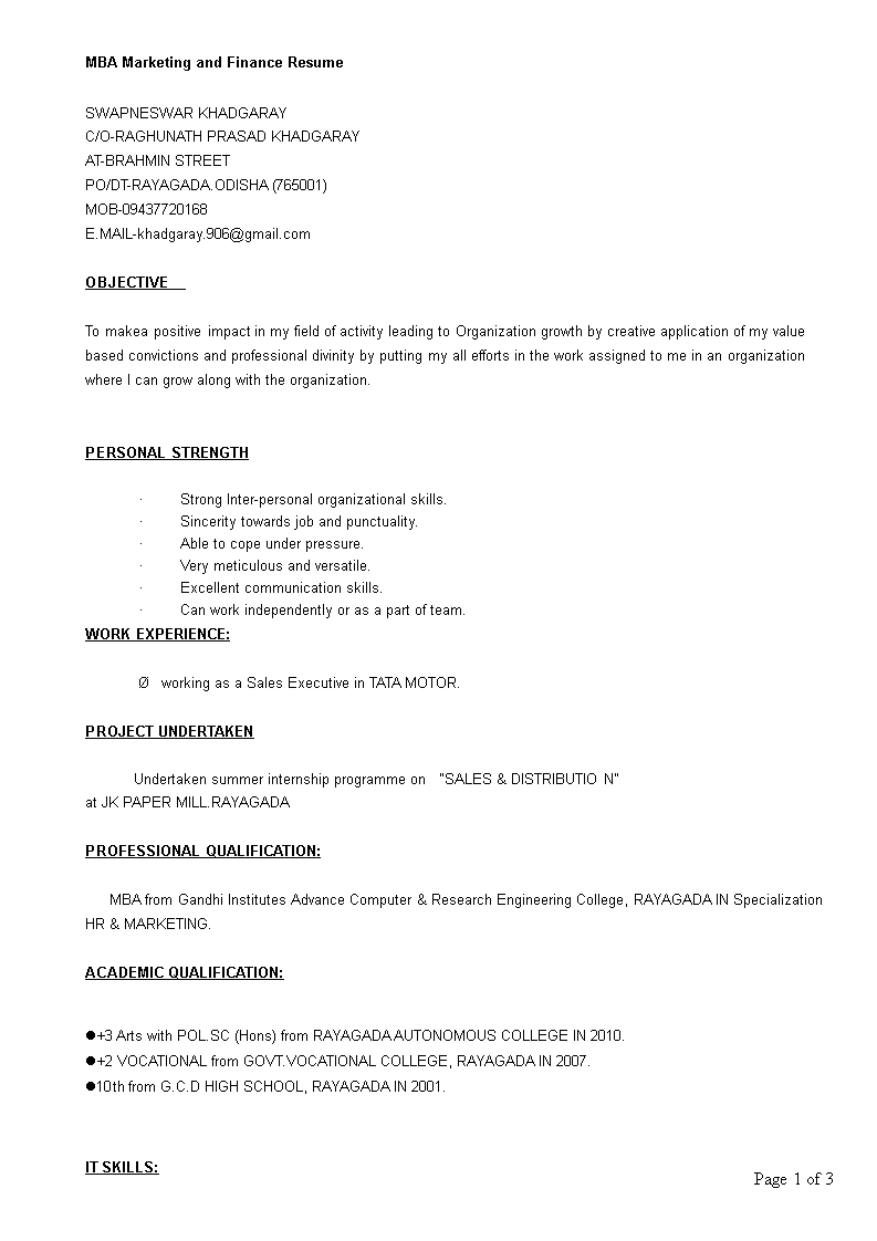 MBA Marketing and Finance Resume main image