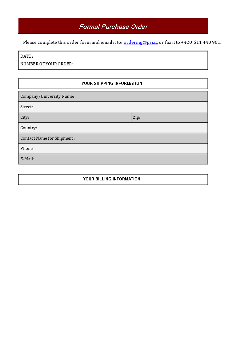 price description of formal purchase order modèles