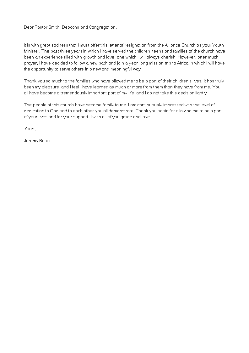 church ministry resignation letter template