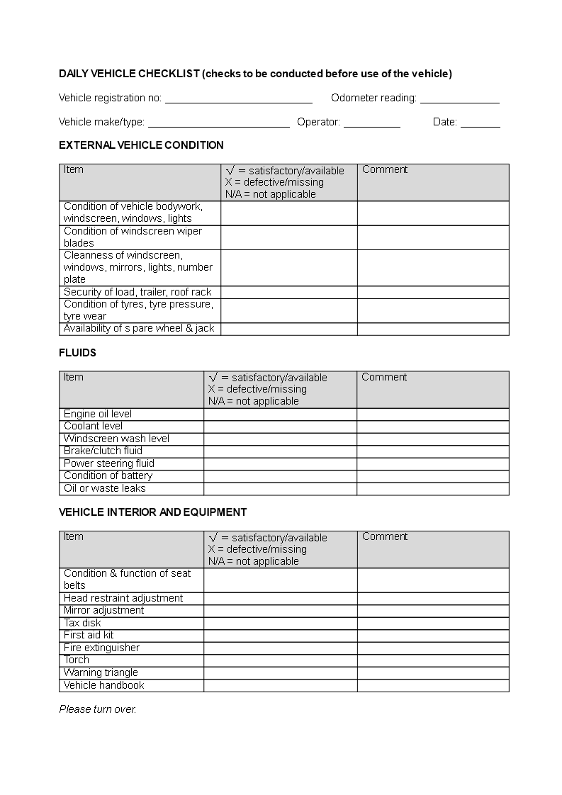 Kostenloses Daily Vehicle Checklist Word With Vehicle Checklist Template Word