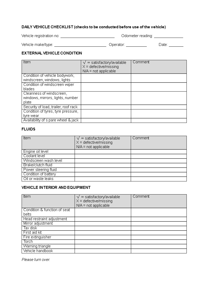 daily vehicle checklist word modèles