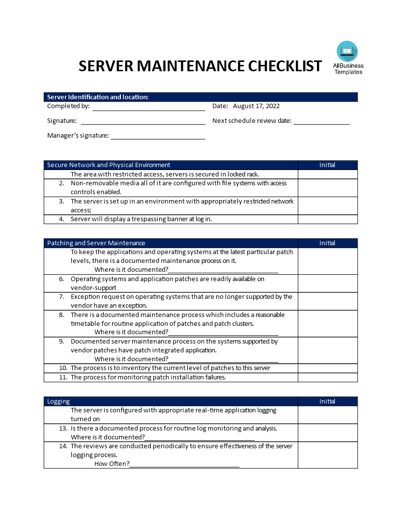 Server Maintenance Security Checklist 模板